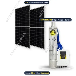Hegel 48V 750W DC Solar Dalgıç Pompalı Sulama Paketi - 2 Panelli - 70 Metre - 4 m³/saat