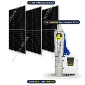 Hegel 72V 1100W DC Solar Dalgıç Pompalı Sulama Paketi - 3 Panelli - 90 Metre - 4 m³/saat