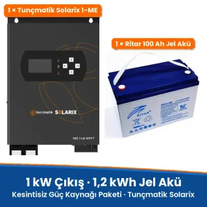 Tunçmatik Solarix 1 kW Kesintisiz Güç Kaynağı Paketi – 1,2 kWh Jel Akü (1 × 100 Ah)