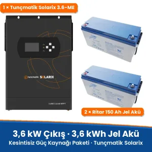 Tunçmatik Solarix 3,6 kW Kesintisiz Güç Kaynağı Paketi – 3,6 kWh Jel Akü (2 × 150 Ah)