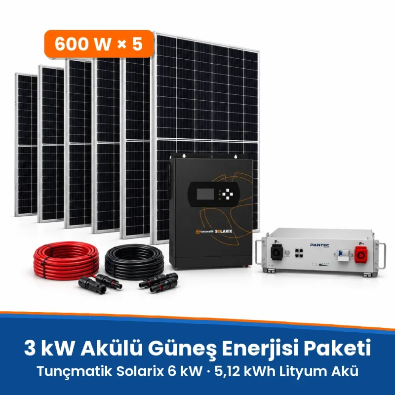 3 kW Güneş Paneli Paketi (Akülü) – Tunçmatik Solarix 6-ME 6 kW, Lityum veya Jel Akü