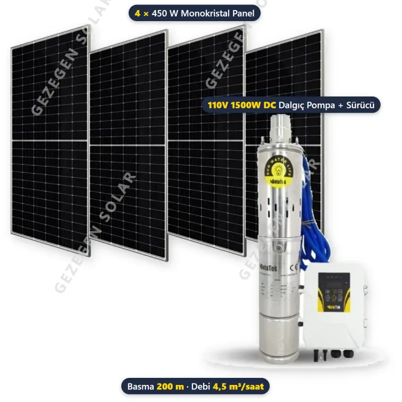 Hegel 110V 1500W DC Solar Dalgıç Pompalı Sulama Paketi - 4 Panelli - 200 Metre - 4,5 m³/saat