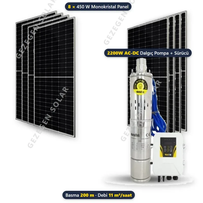 Hegel 2200W AC-DC Solar Dalgıç Pompalı Sulama Paketi - 8 Panelli - 200 Metre - 11 m³/saat