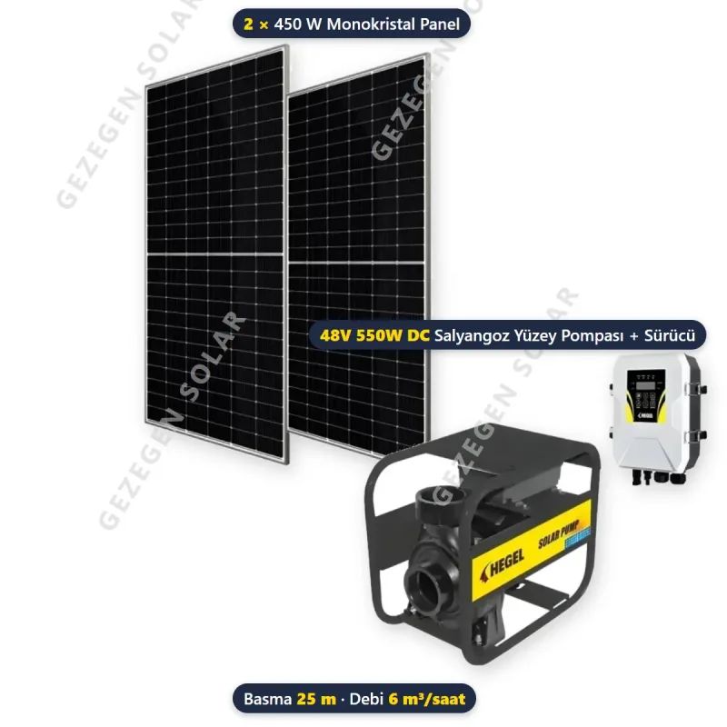 Hegel 48V 550W DC Solar Salyangoz Yüzey Pompalı Sulama Paketi - 2 Panelli - 25 Metre - 6 m³/saat