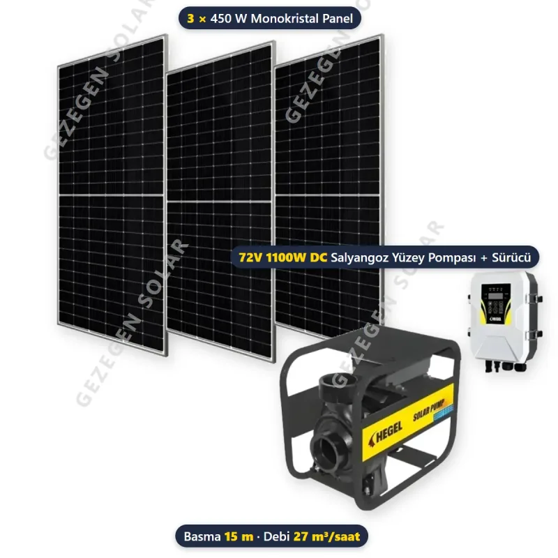 Hegel 72V 1100W DC Solar Salyangoz Yüzey Pompalı Sulama Paketi - 3 Panelli - 15 Metre - 27 m³/saat