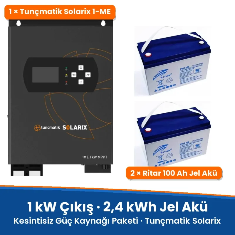 Tunçmatik Solarix 1 kW Kesintisiz Güç Kaynağı Paketi – 2,4 kWh Jel Akü (2 × 100 Ah)