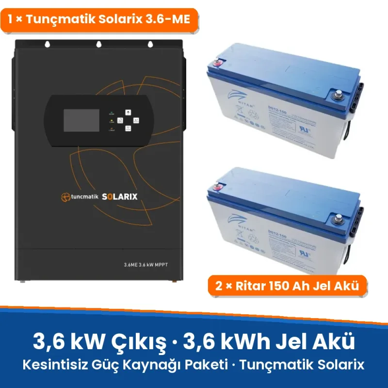 Tunçmatik Solarix 3.6 kW Kesintisiz Güç Kaynağı Paketi – 3.6 kWh Jel Akü (2 × 150 Ah)