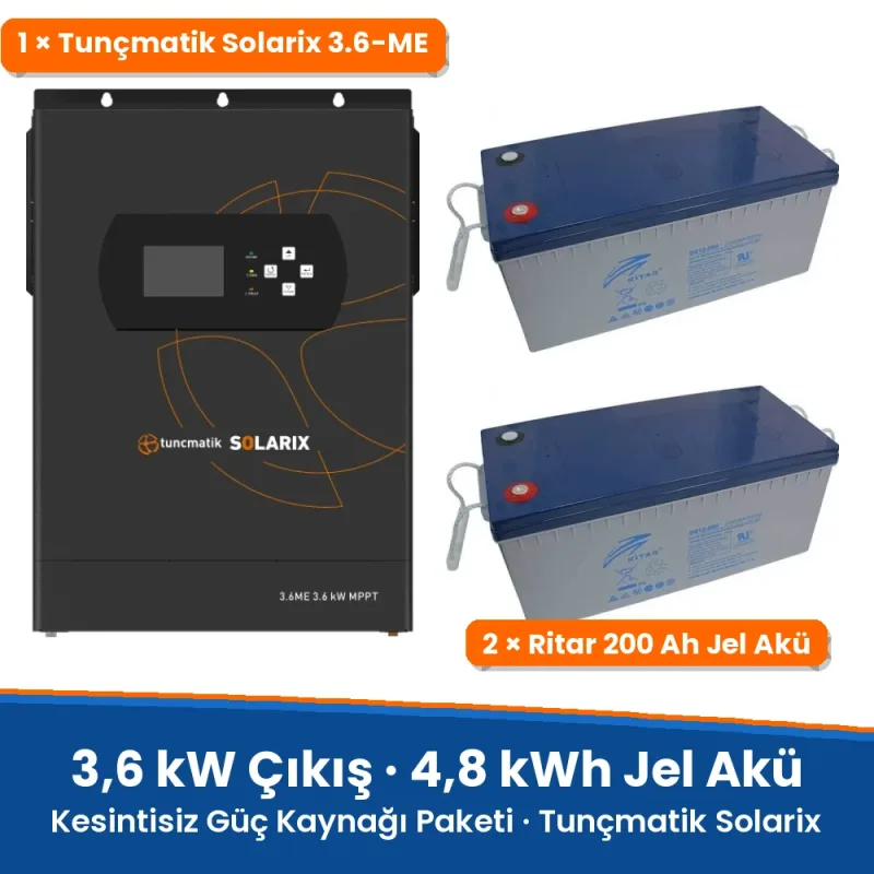 Tunçmatik Solarix 3,6 kW Kesintisiz Güç Kaynağı Paketi – 4,8 kWh Jel Akü (2 × 200 Ah)