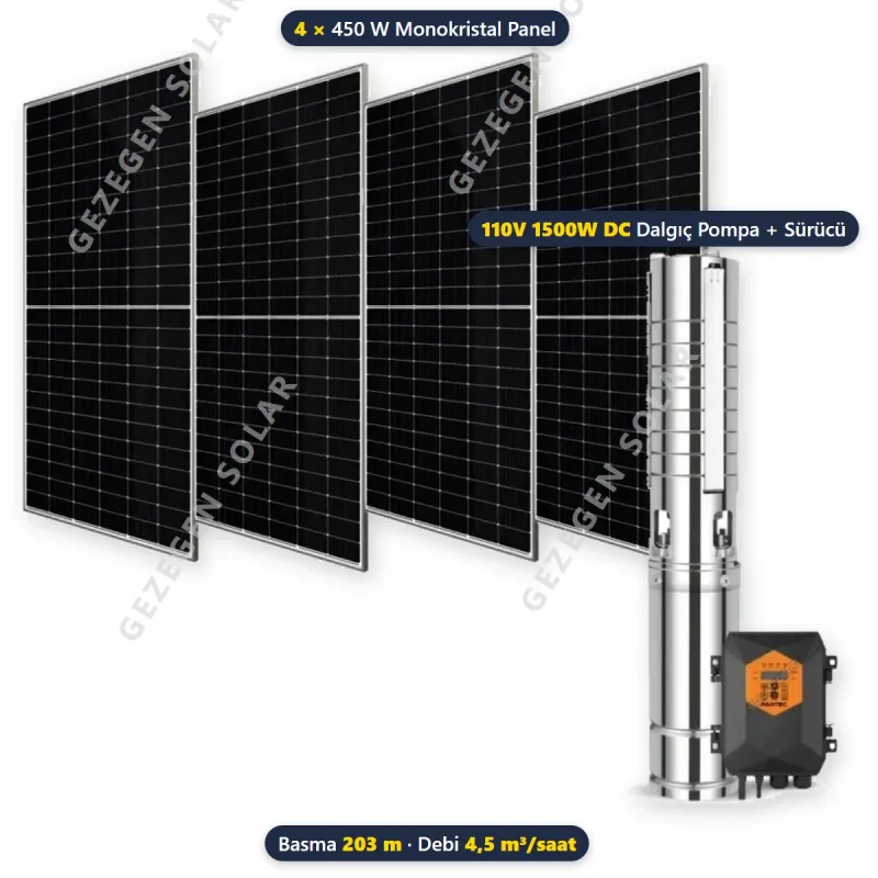 Pantec 110V 1500W DC Solar Dalgıç Pompalı Sulama Paketi - 4 Panelli - 203 Metre - 4,5 m³/saat