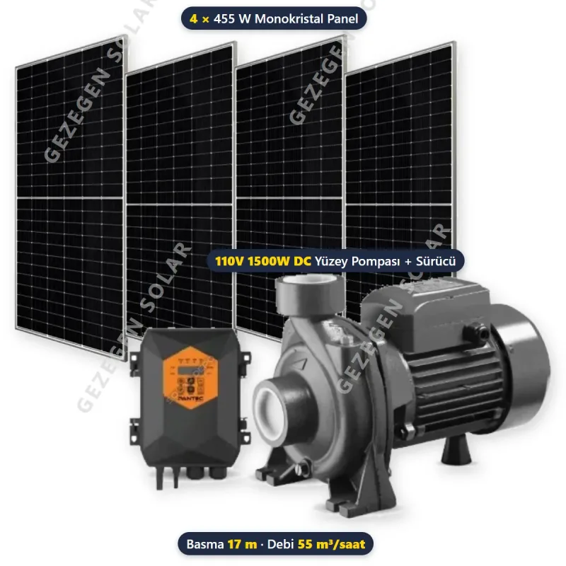 Pantec 110V 1500W DC Solar Yüzey Pompalı Sulama Paketi - 4 Panelli - 17 Metre - 55 m³/saat