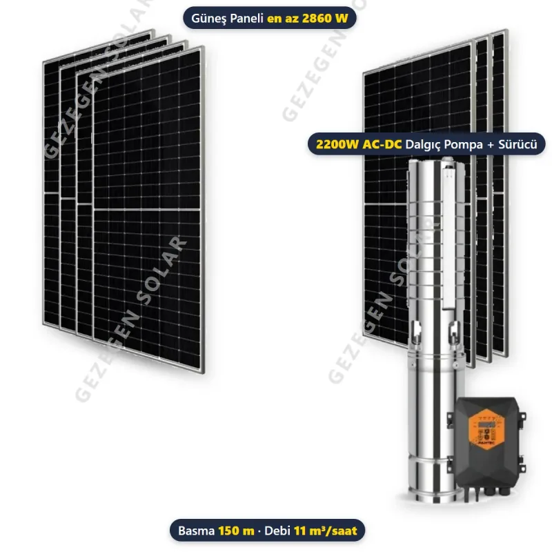 Pantec 2200W AC-DC Solar Dalgıç Pompalı Sulama Paketi - 150 Metre - 11 m³/saat