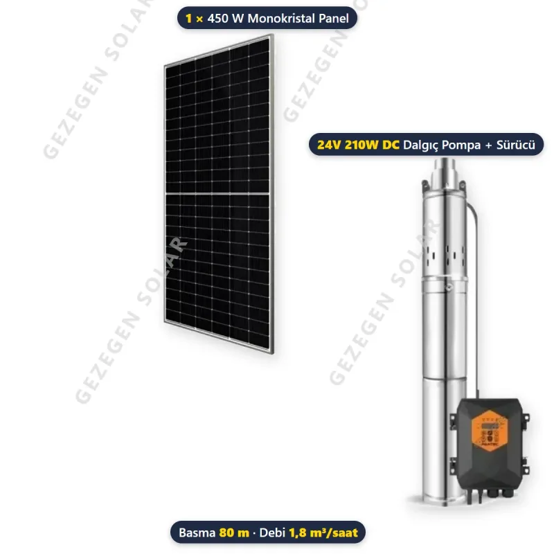 Pantec 24V 210W DC Solar Dalgıç Pompalı Sulama Paketi - 1 Panelli - 80 Metre - 1,8 m³/saat