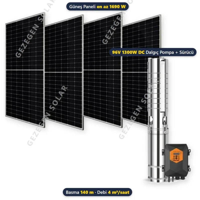 Pantec 96V 1300W DC Solar Dalgıç Pompalı Sulama Paketi - 140 Metre - 4 m³/saat