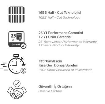 Gazioğlu Solar TOPCon panel: 16BB half cut teknolojisi, 12 yıl ürün ve 25 yıl performans garantisi