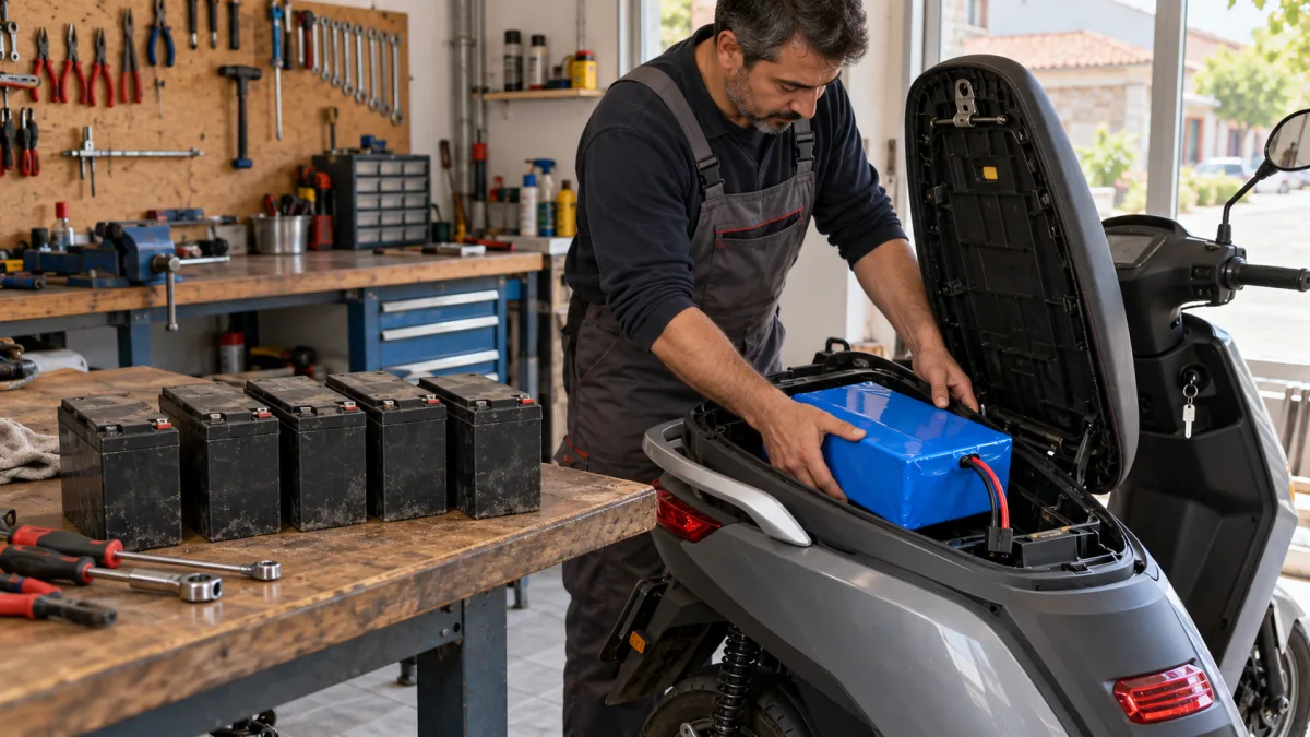 Elektrikli motorun sele altı akü bölmesine makaron kaplı LiFePO4 akü yerleştiren usta, tezgâhta sökülmüş jel aküler