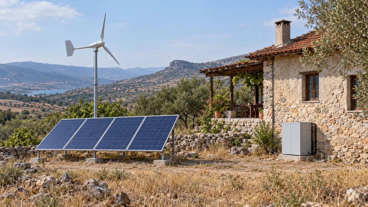 Çiftlik evinde rüzgar türbini ve güneş panellerinden oluşan hibrit enerji sistemi