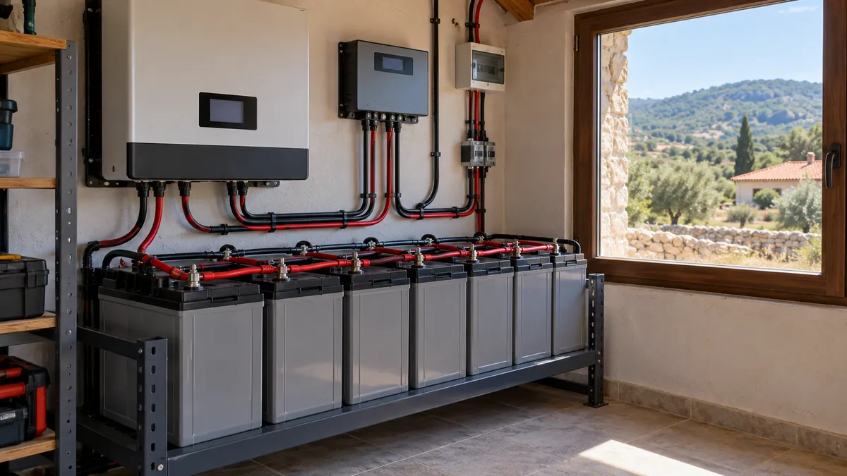 Tescom 12V 200Ah Kurşun Karbon Akü — şebekeden bağımsız evin teknik odasında rafa seri bağlı kurşun karbon aküler