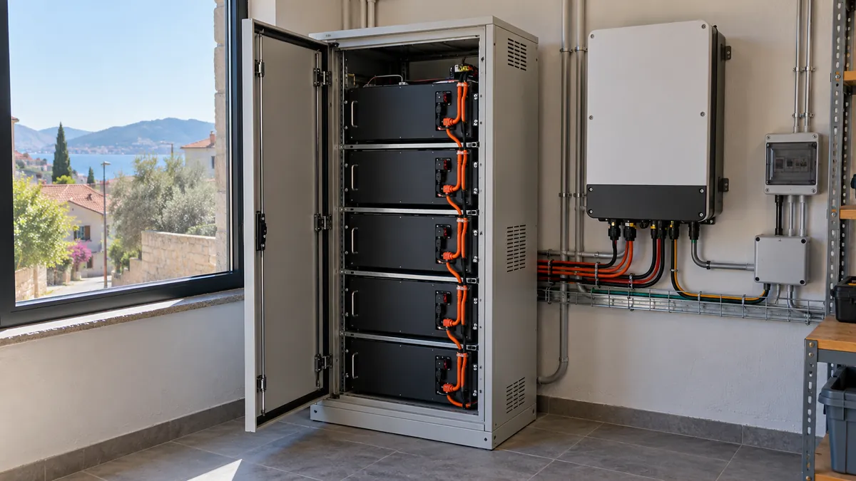 Growatt 51.2V 50Ah LiFePO4 Lityum Akü (ARK 2.5H-A1) — teknik odada metal kabine yerleştirilmiş 48 V raf tipi LiFePO4 akü modülleri