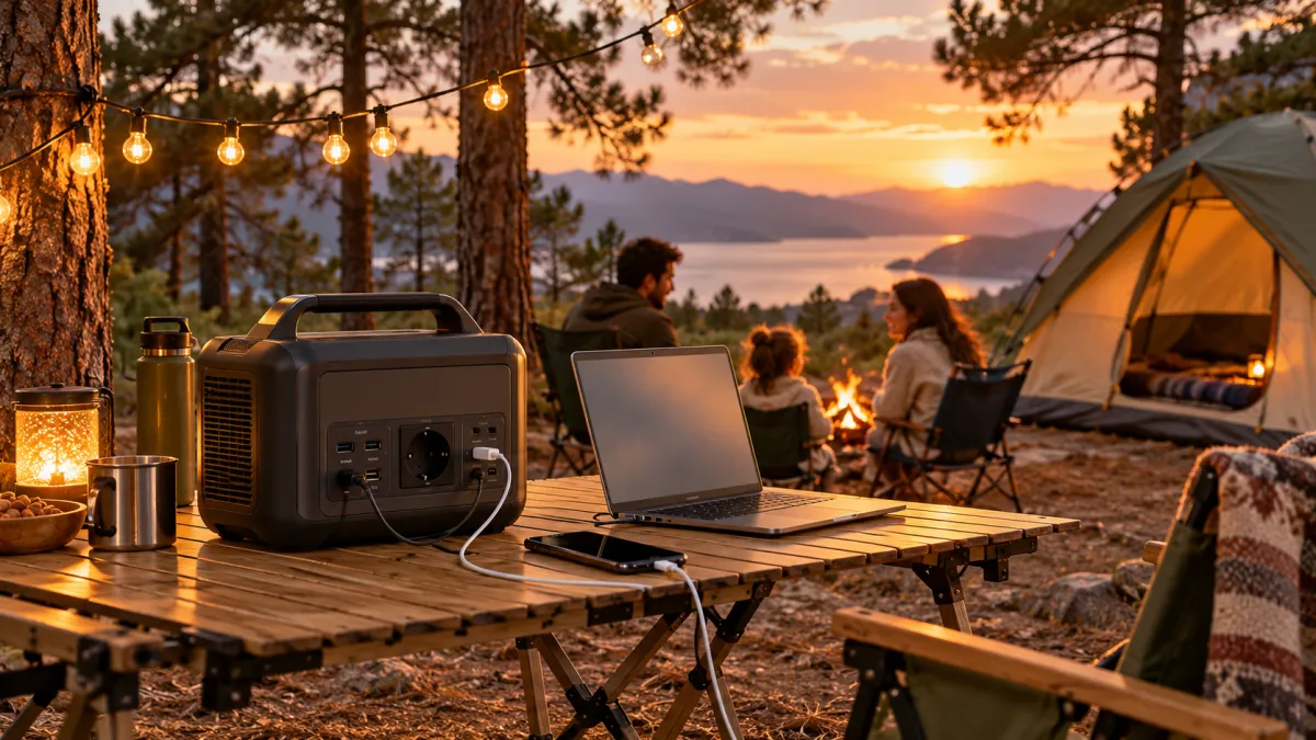 Growatt INFINITY 1500 Taşınabilir Güç İstasyonu — 2000W / 1500Wh — kampta lamba ve telefonu besleyen taşınabilir güç istasyonu