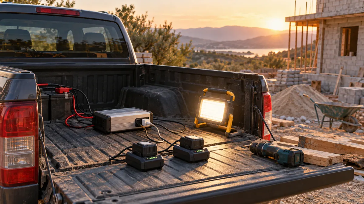 Linetech 12V 150W Modifiye Sinüs Inverte — iş sahasında araç aküsüne bağlı inverterden çalışan lamba ve el aleti şarjı