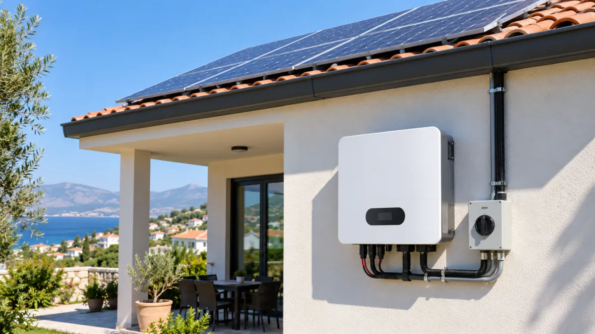 TommaTech Trio Plus K 10kW Trifaze On-Grid İnverter — 2xMPPT + Wi-Fi — evin dış duvarına monte on-grid inverter ve çatıdaki güneş panelleri