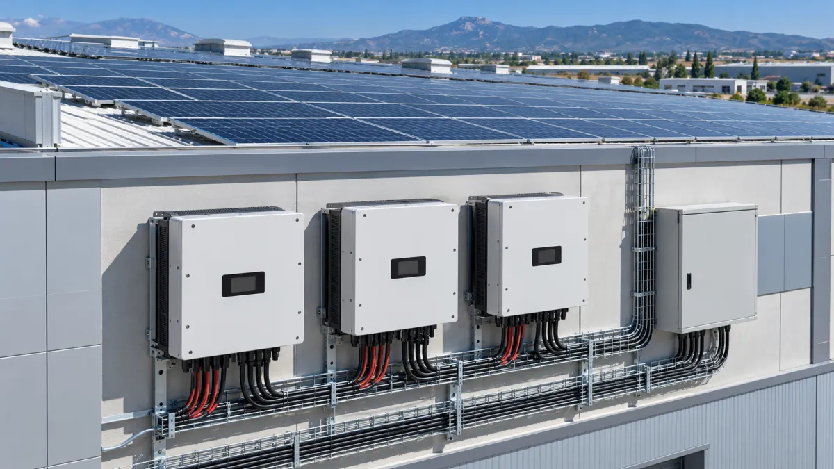SMA 25kW Trifaze On-Grid İnverter — 6xMPPT — fabrika duvarında yan yana trifaze on-grid inverterler ve çatı GES