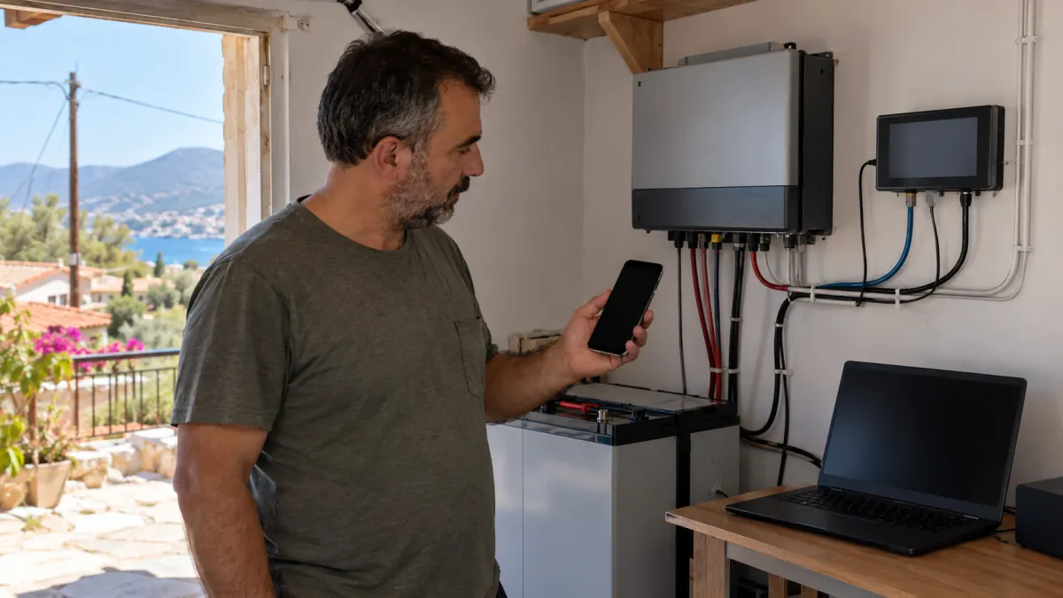 Havensis EKBT Bluetooth'lu Harici Ekran (2024 ve Sonrası Cihazlar) — teknik odada şarj kontrol cihazı ve izleme modülünü telefondan takip eden kullanıcı