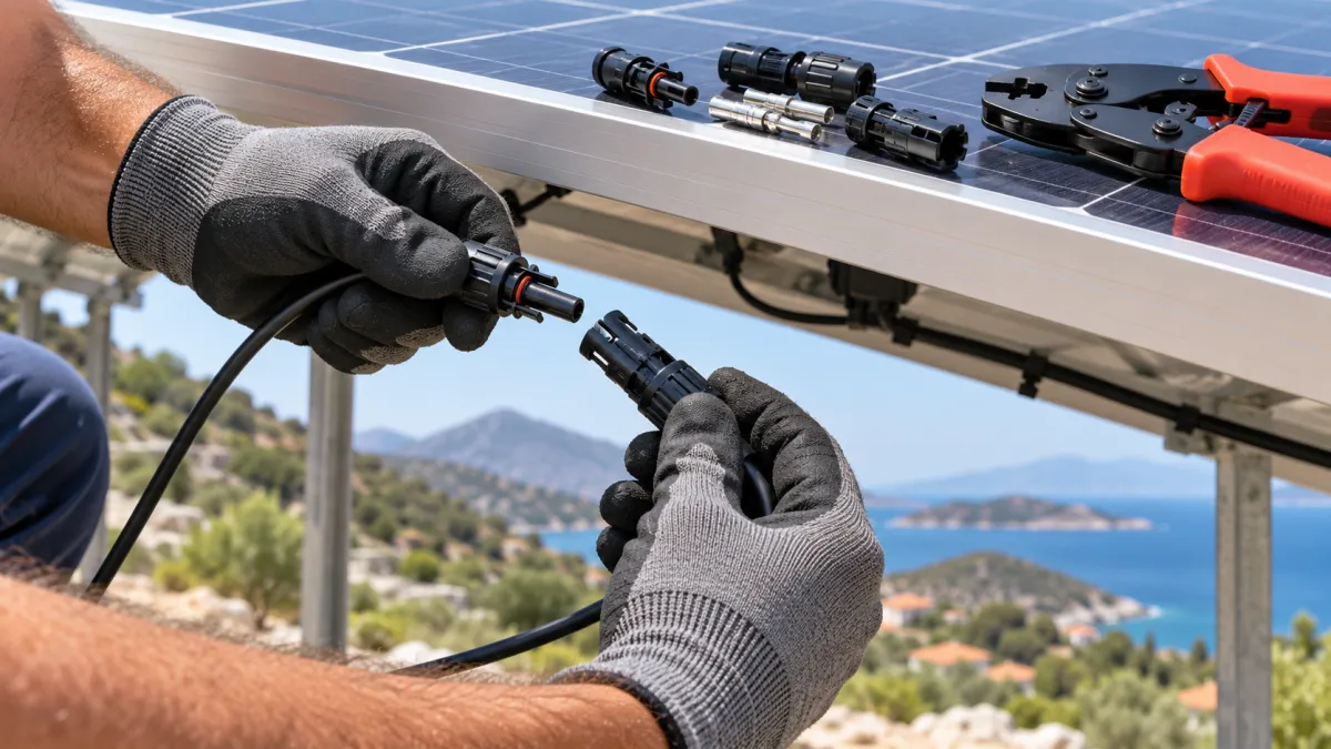 T-Branch 3’lü Solar Konnektör (1000V, IP67) — panel altında MC4 konnektörleri birleştiren eldivenli eller