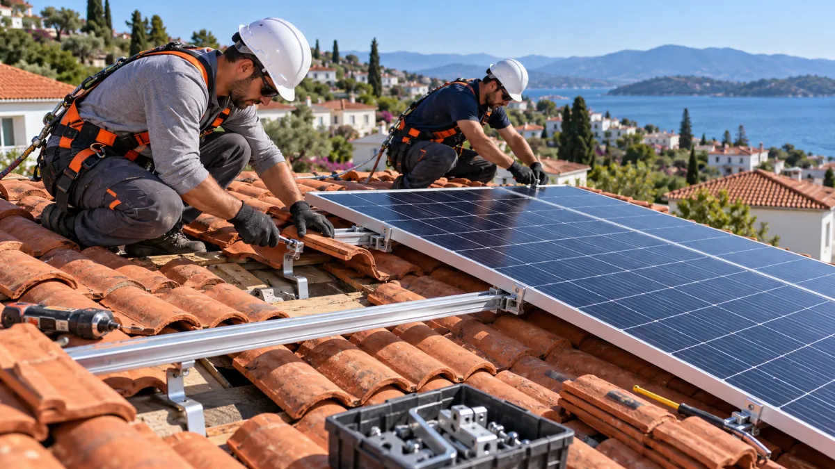 Venta Ayarlanabilir Kiremit Çatı Kancası (Güneş Paneli Montajı) — kiremit çatıda kanca, ray ve orta tutucu ile panel montajı