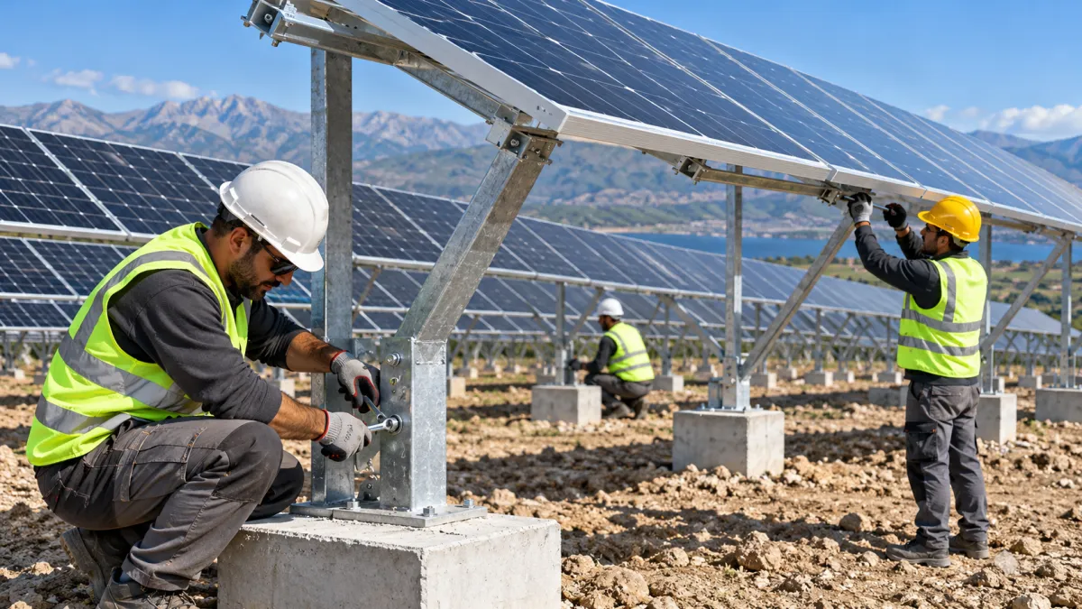 Zemin Tipi Galvaniz Solar Taşıyıcı Sistem — Panel Başı (1040×2095 mm Paneller, 2.5 mm Kolon, Çaprazsız) — arazide beton temel üzerine galvaniz zemin tipi panel taşıyıcı sistem