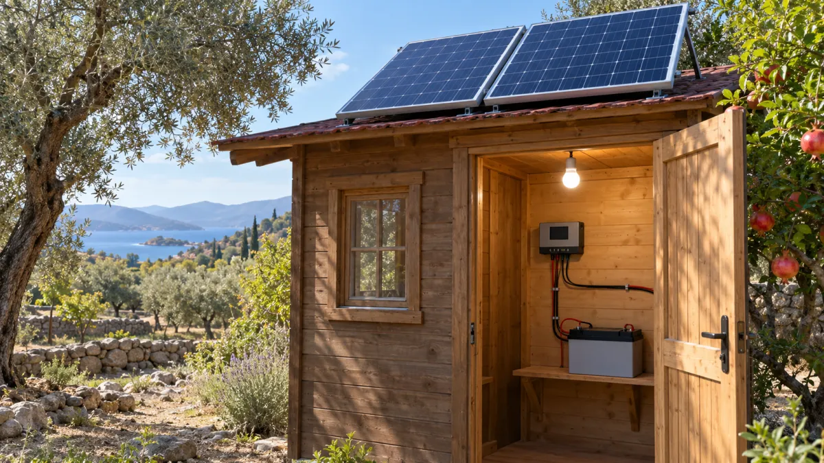 Havensis MiniSolar-3AMPS 3A 12V MPPT Solar Şarj Kontrol Cihazı — bahçe kulübesinde panele ve aküye bağlı MPPT şarj kontrol cihazı