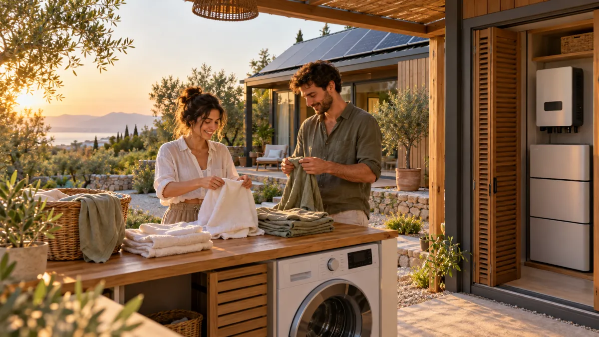 Tiny House Güneş Enerjisi Paketi — Çamaşır Makinesi — İzmir zeytinliğinde çamaşır makineli tiny house ve paneller