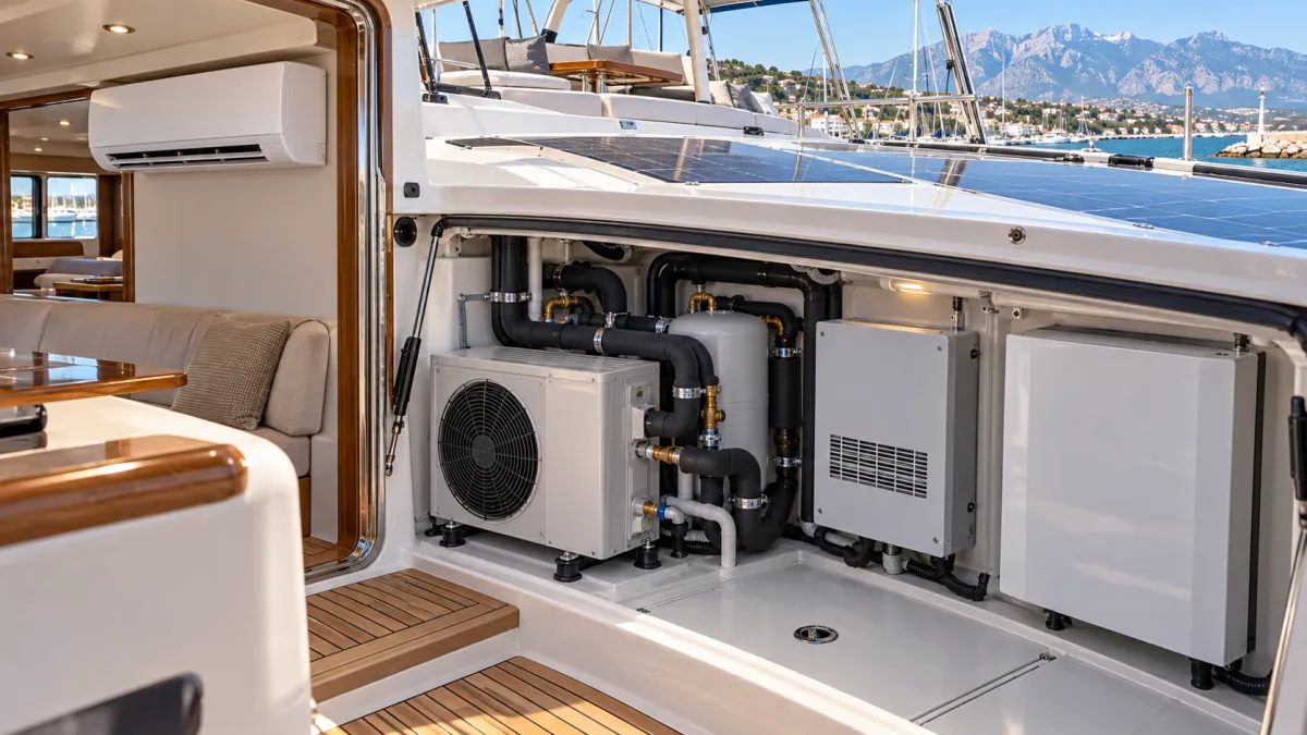 Tekne Güneş Enerjisi Paketi — Günlük 50 kWh — Klima + Isı Pompası — Antalya marinasındaki teknede klima ve ısı pompası bağlantısı
