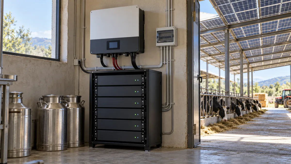 8 kW Lityum Akülü Ev Tipi Güneş Enerjisi Paketi — 30.6 kWh Yedekleme Hibrit — çiftliğin enerji odasında 8 kW hibrit inverter ve altı lityum akü modülü