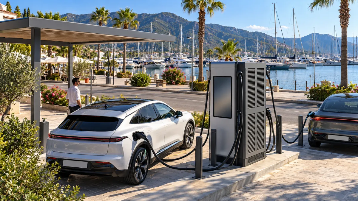 Tunçmatik Pro+ DC Charger 240–360 kW Ultra Hızlı Şarj İstasyonu (32" Ekran, Booster Mod) — Marmaris liman yolunda büyük ekranlı ultra hızlı şarj