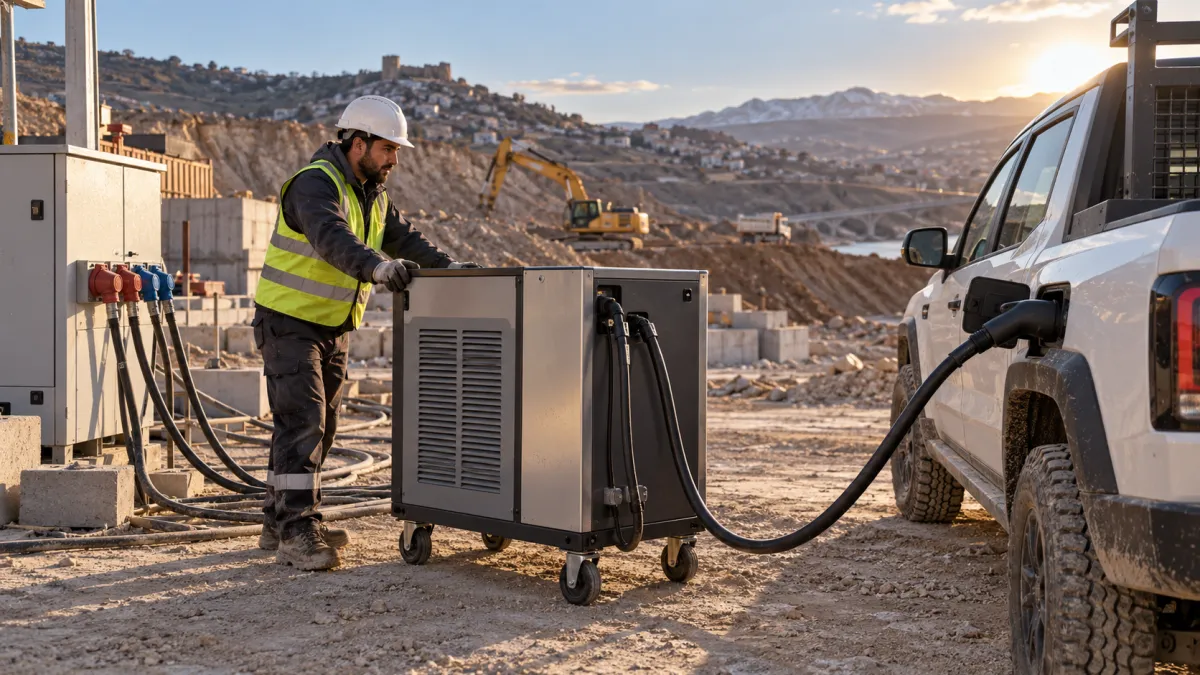 Tunçmatik Mini DC Portable 30 / 60 kW Taşınabilir DC Hızlı Şarj Cihazı (CCS2, OCPP) — Adıyaman şantiye alanında taşınabilir DC araç şarj cihazı