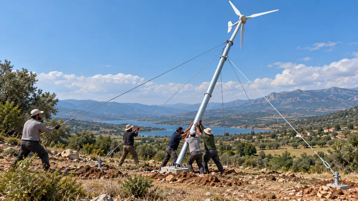 Rüzgar Türbini İçin Direk Seti 4 metre (15 kg) taşıma kapasiteli — açık arazide gergi telleriyle rüzgar türbini direği kuran teknisyenler