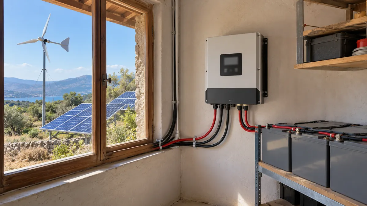 İ/HCC 2000W-48V Şarj Kontrol İSTA-BREEZE — teknik odada rüzgar türbini ve güneş paneli kablolarının bağlandığı hibrit şarj kontrol cihazı