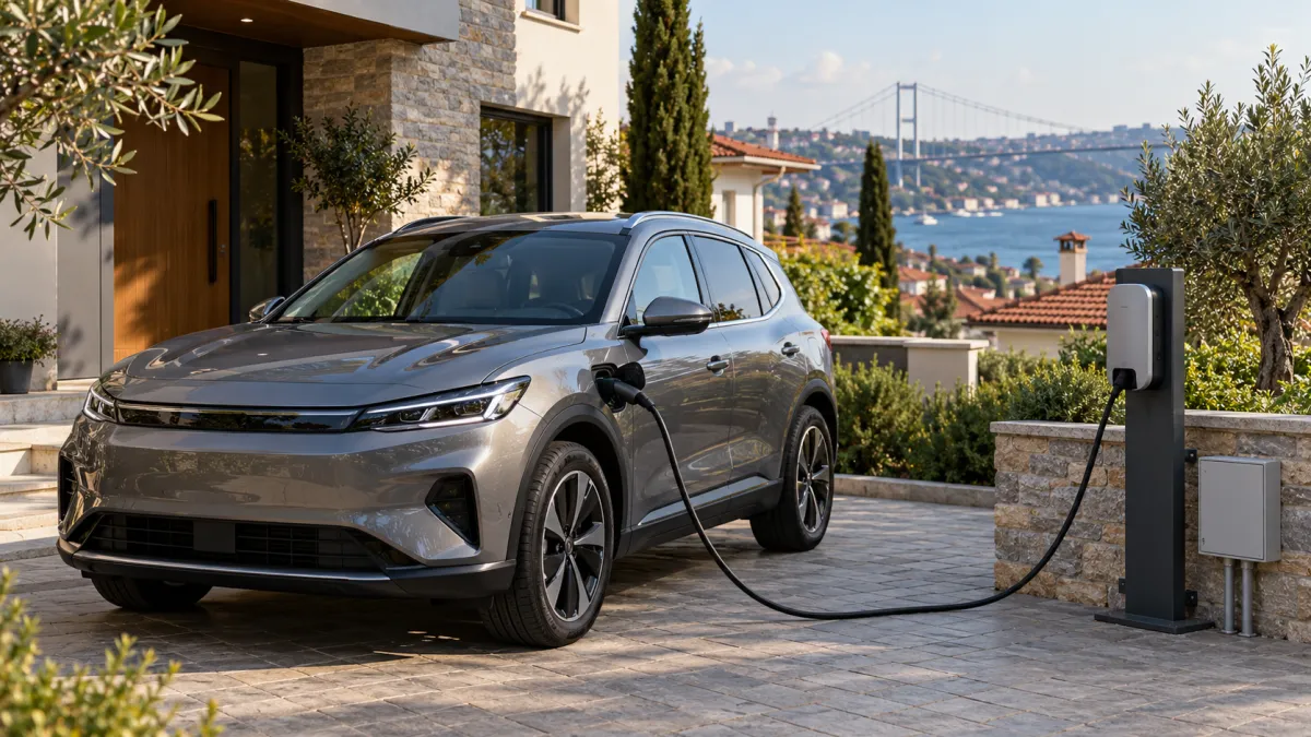 Tunçmatik My / Public Charger Metal Pedestal (Şarj İstasyonu Ayağı, IP54) — evin otoparkında ayaklı AC şarj ünitesinden şarj olan elektrikli araç