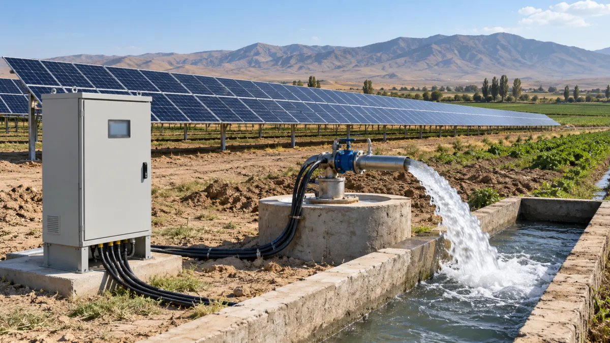 Frecon PV500 900V 18.5 kW (25 HP) Solar Pompa Sürücüsü 380 V Trifaze — tarlada geniş güneş paneli dizisi ve kuyu başında büyük güçlü solar pompa sürücüsü panosu