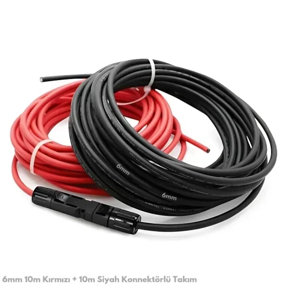 6 mm² Solar Kablo ve MC4 Konnektör Seti — 10 m Kırmızı + 10 m Siyah