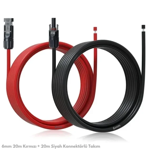 6 mm² Solar Kablo ve MC4 Konnektör Seti — 20 m Kırmızı + 20 m Siyah