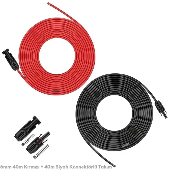 6 mm² Solar Kablo ve MC4 Konnektör Seti — 40 m Kırmızı + 40 m Siyah