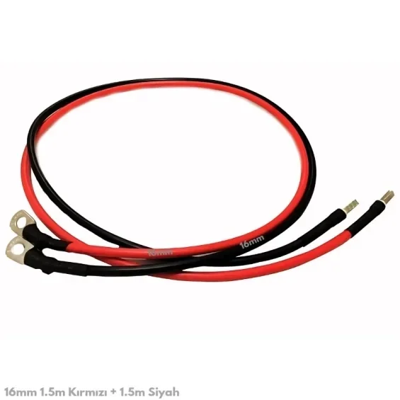 Akü Bağlantı Kablosu 16 mm² — 1,5 m Kırmızı + 1,5 m Siyah (Pabuçlu)