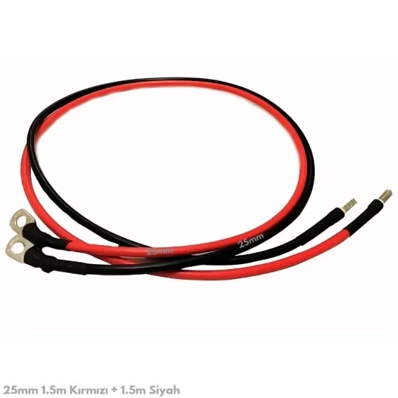 Akü Bağlantı Kablosu 25 mm² — 1.5 m Kırmızı + 1.5 m Siyah (Pabuçlu)