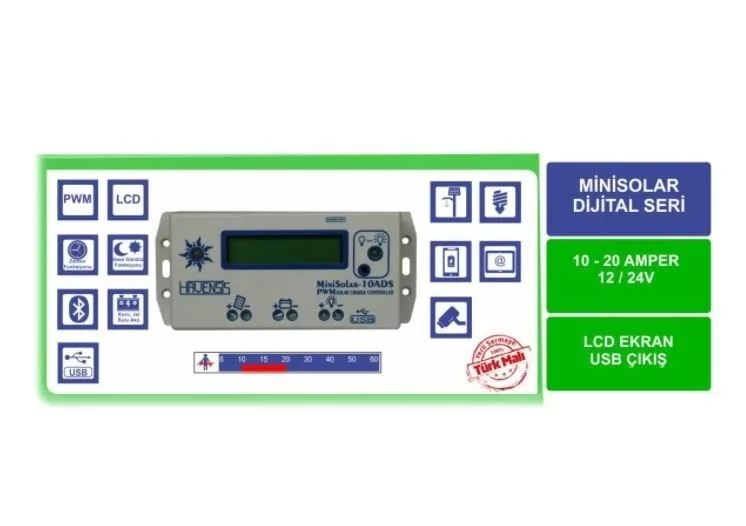 Havensis MiniSolar-10ADS 10A 12/24V LCD Ekranlı PWM Solar Şarj Kontrol Cihazı